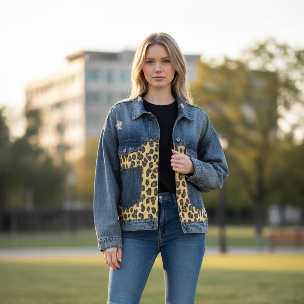 Easel Denim Jacket M Leopard Panel Distressed Button Front Medium Wash